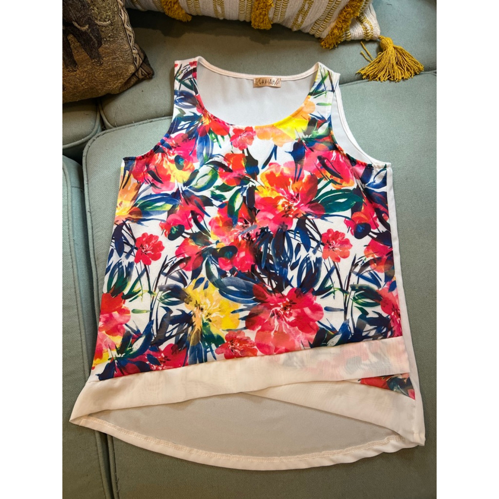 Women's Lavish Floral Tank Top S White Multicolor
